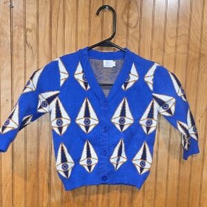 Best Day Ever Blue Geometric Eye Pattern Kid's Sweater Cardigan Size Large